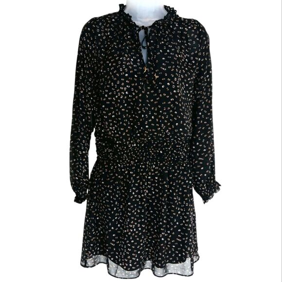 SOCIALITE Long Sleeve Semi-sheer Black Dress With Brown & White Dots Size Small - Picture 2 of 9